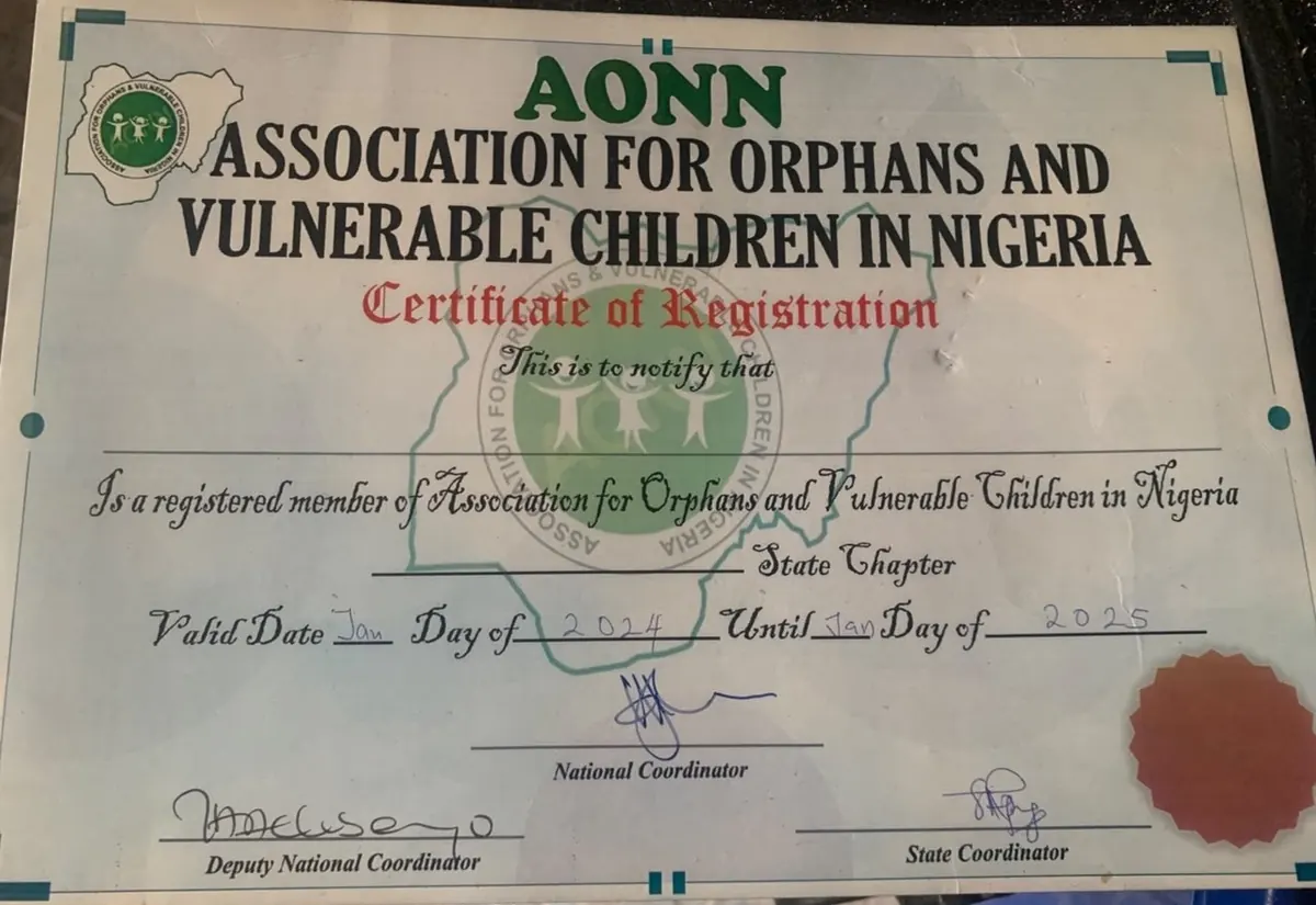 Association for Orphans and Vulnerable Children in Nigeria (AONN) membership certificate