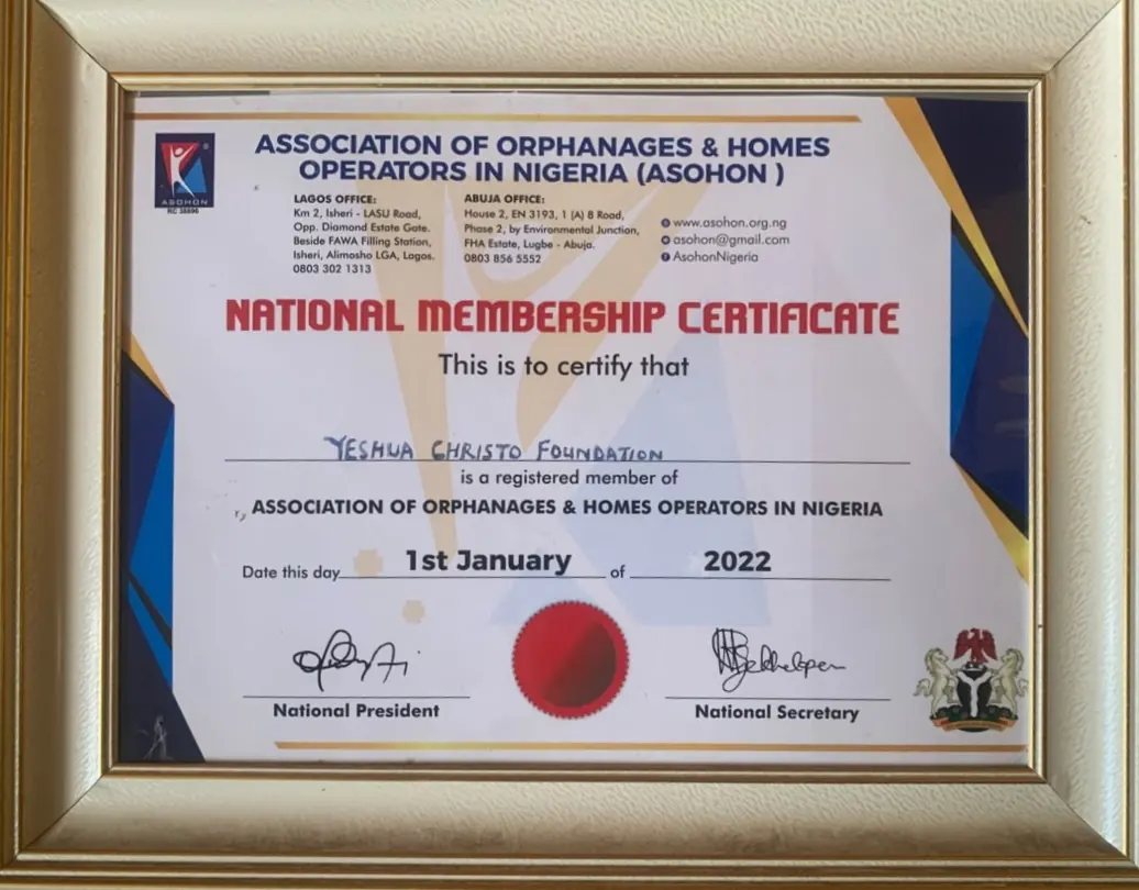 Association of Orphanages and Homes Operators in Nigeria (ASOHON) membership certificate