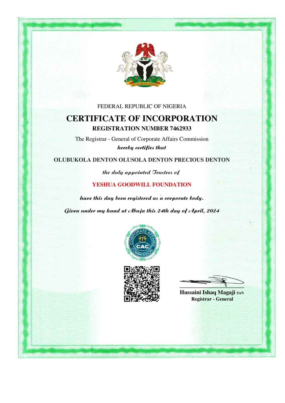 Certificate of Incorporation — Corporate Affairs Commission, RC 7462933